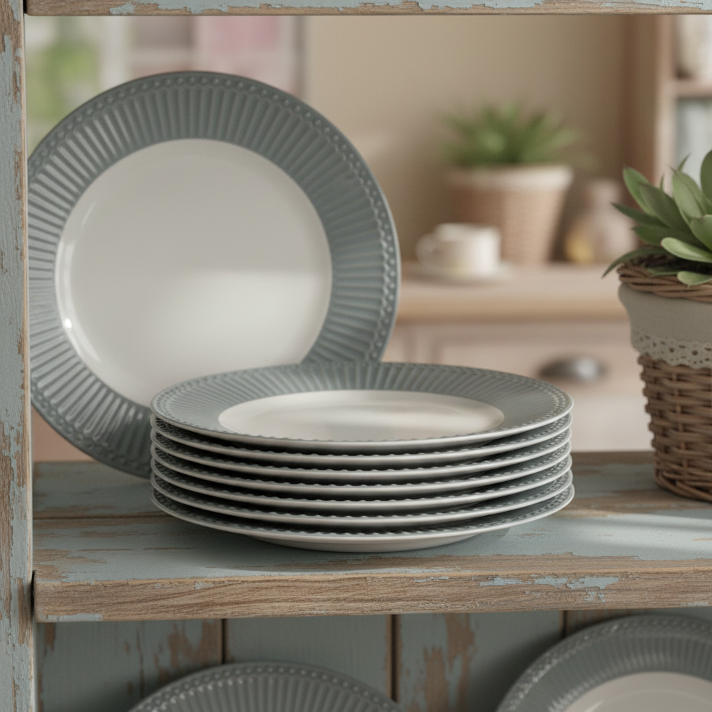 GreenGate Frühstücksteller Alice Steingrau 23 cm aus Porzellan mit typischer Rillenstruktur im Landhausstil