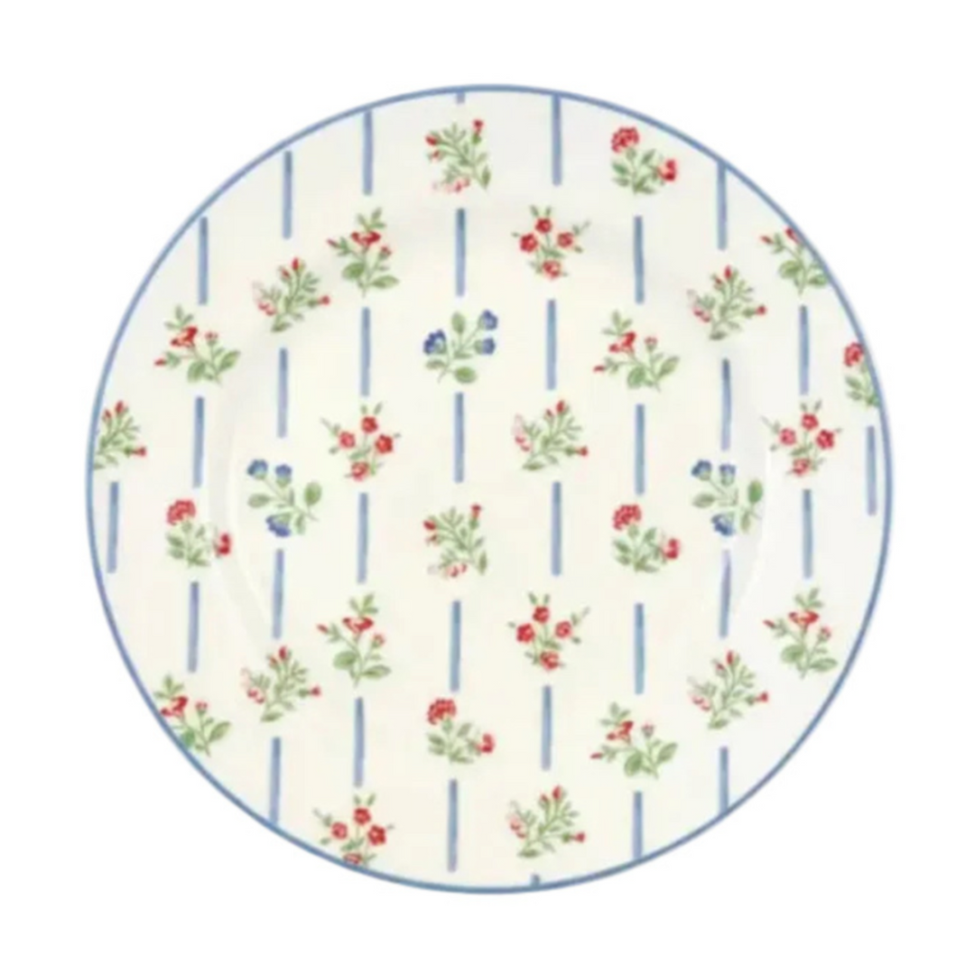 GreenGate Frühstücksteller Hannah Weiß 20,2 cm – Porzellanteller mit handgemalten Streifen und floralem Muster