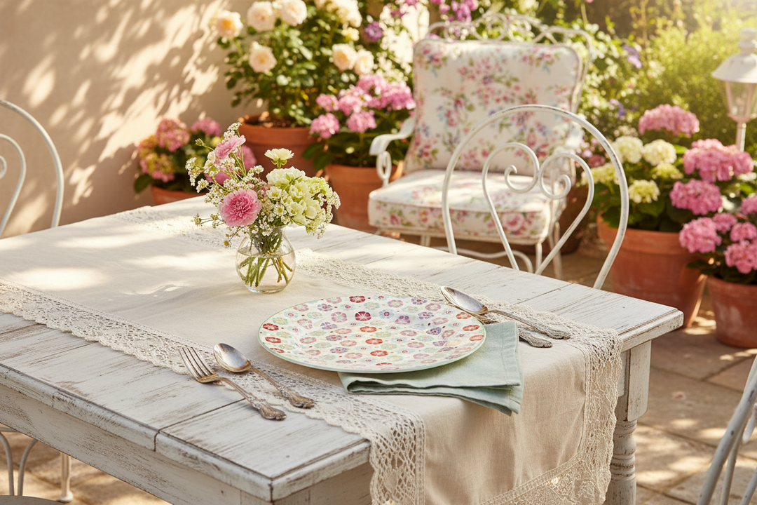 GreenGate Frühstücksteller Rike Weiß geblümt 20,2 cm auf gedecktem Gartentisch – florales Retro-Design aus Porzellan