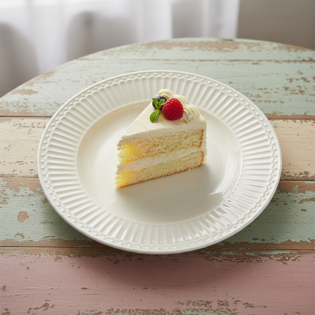 GreenGate Dessertteller Alice Weiß 17,5 cm mit Kuchenstück und Beeren auf rustikalem Holztisch