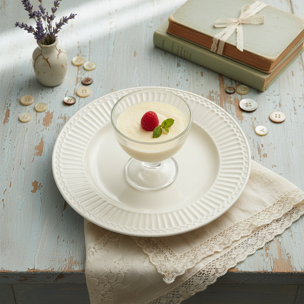GreenGate Dessertteller Alice Weiß 17,5 cm mit Glasdessert und Himbeere im skandinavischen Landhausstil dekoriert