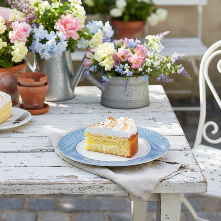 GreenGate Dessertteller Alice Sky Blue 17,5 cm mit Kuchenstück im romantischen Gartenambiente