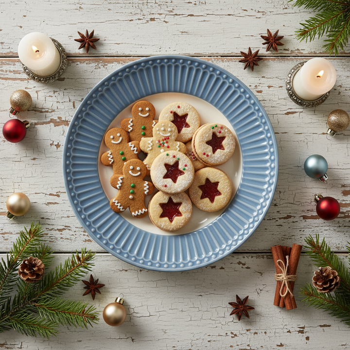 GreenGate Dessertteller Alice Sky Blue 17,5 cm mit Weihnachtsplätzchen und winterlicher Dekoration