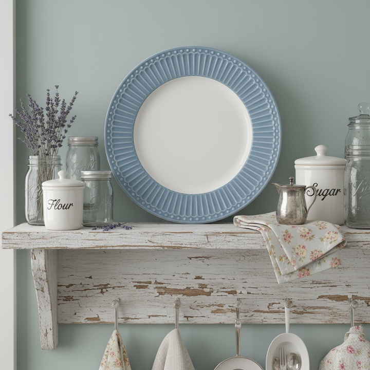 GreenGate Dessertteller Alice Sky Blue 17,5 cm auf Holzregal im skandinavischen Landhausstil dekoriert