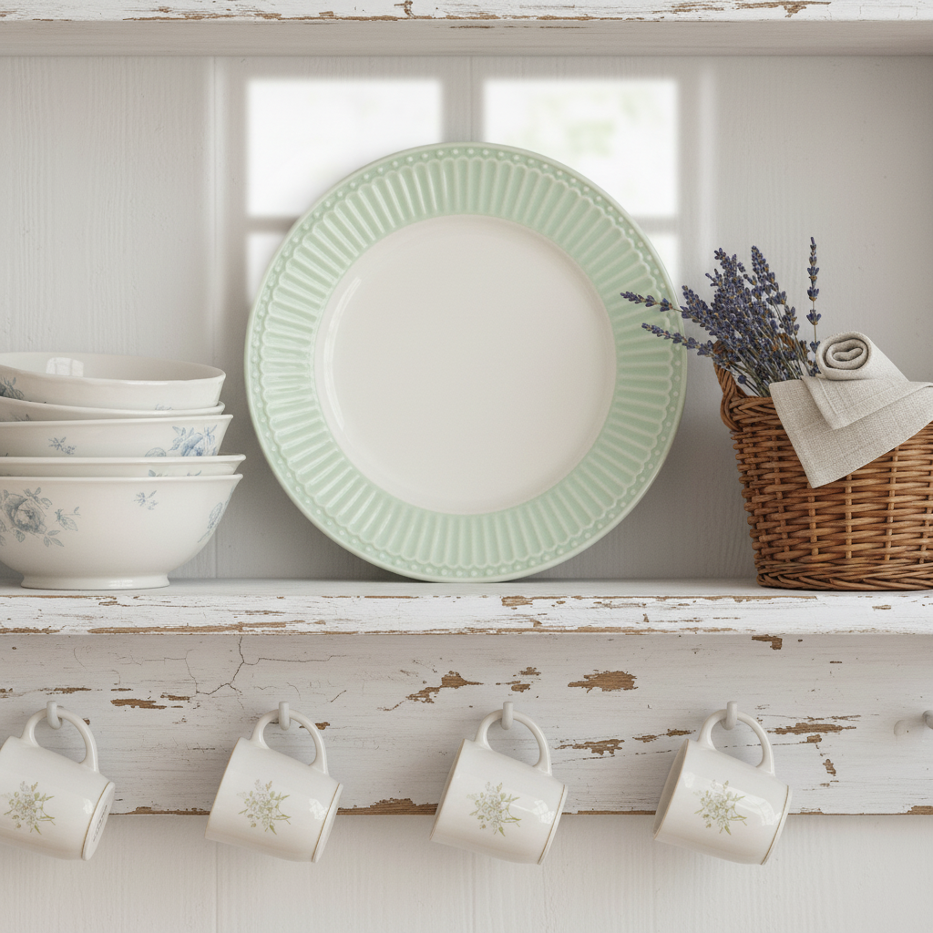 GreenGate Dessertteller Alice Hellgrün 17,5 cm im Landhaus Küchenregal dekoriert mit Lavendel und Geschirr