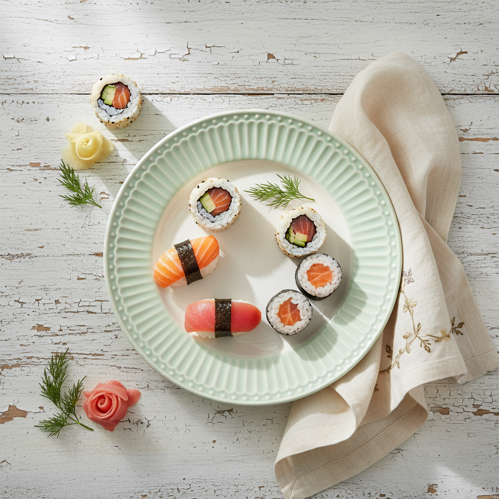GreenGate Dessertteller Alice Hellgrün 17,5 cm mit Sushi dekoriert im skandinavischen Landhausstil