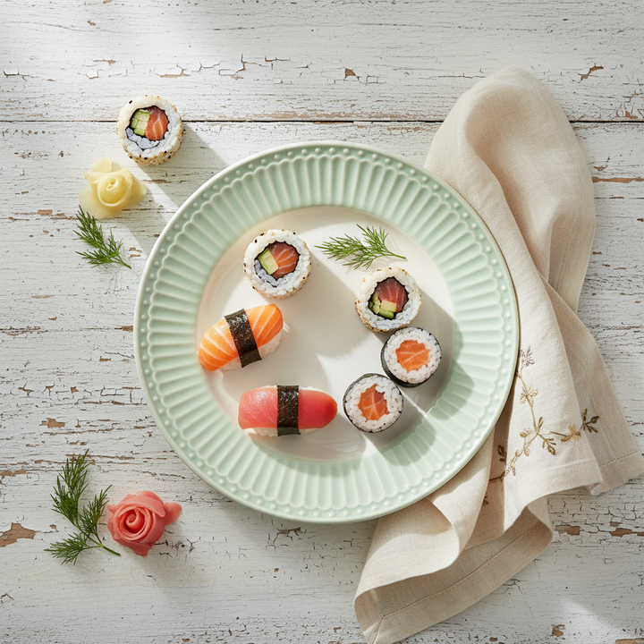 GreenGate Dessertteller Alice Hellgrün 17,5 cm mit Sushi dekoriert im skandinavischen Landhausstil