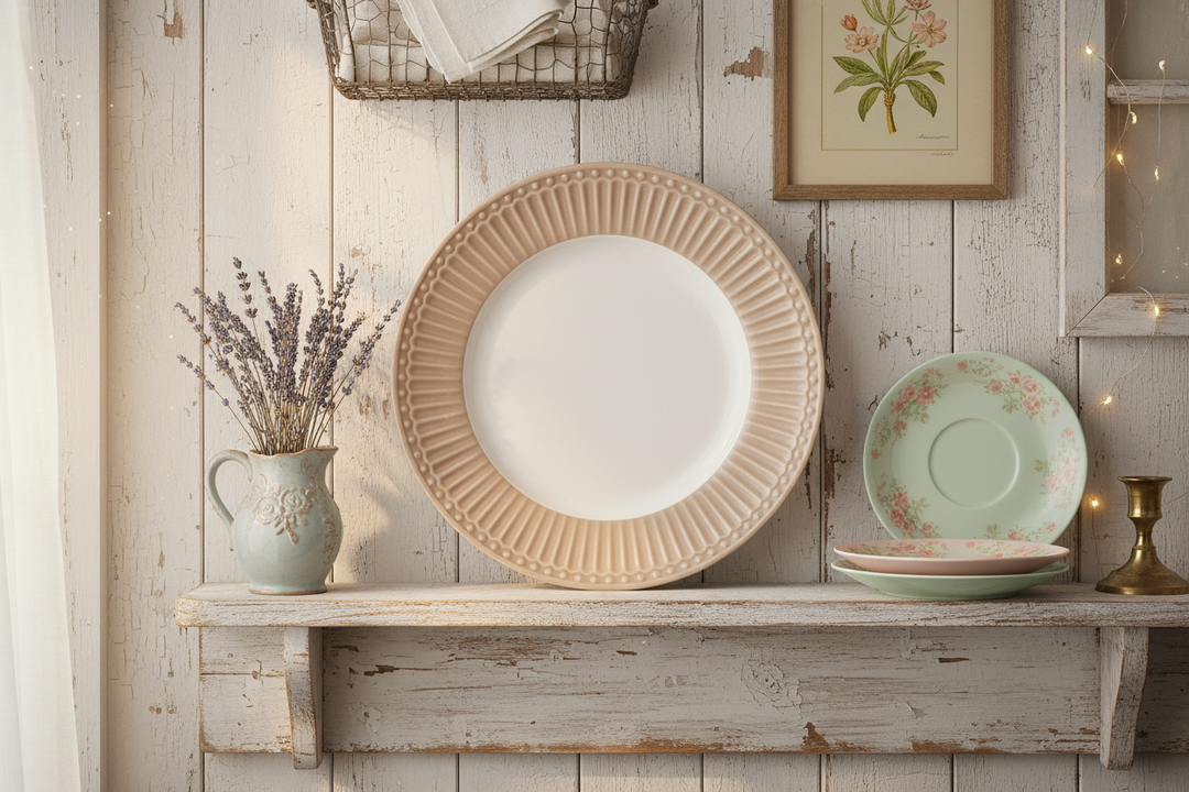 GreenGate Dessertteller Alice Fudge 17,5 cm auf Holzregal im skandinavischen Landhausstil dekoriert