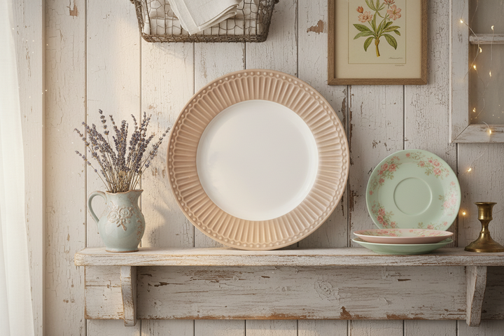 GreenGate Dessertteller Alice Fudge 17,5 cm auf Holzregal im skandinavischen Landhausstil dekoriert