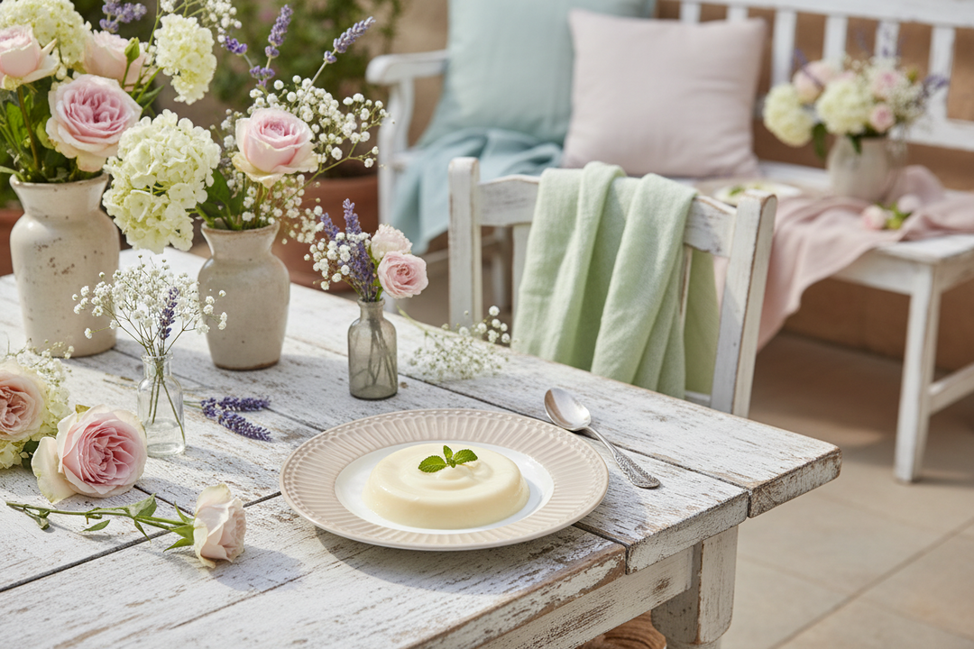 GreenGate Dessertteller Alice Fudge 17,5 cm mit Dessert auf rustikalem Holztisch und floraler Dekoration