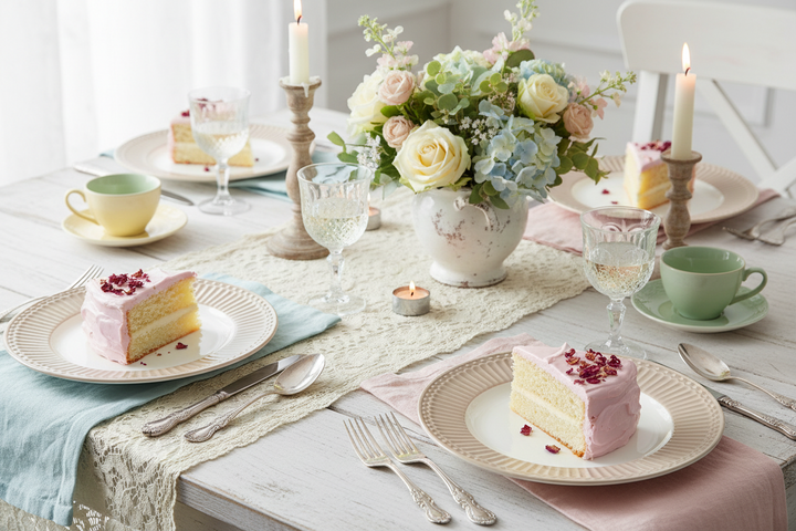 GreenGate Dessertteller Alice Fudge 17,5 cm mit rosa Kuchenstück in romantischer Tischdekoration im Landhausstil