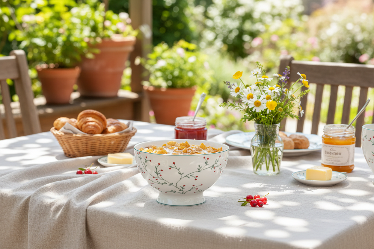 GreenGate Suppenschale Lucie Weiß mit Blumenmuster beim Frühstück im Garten gedeckter Tisch
