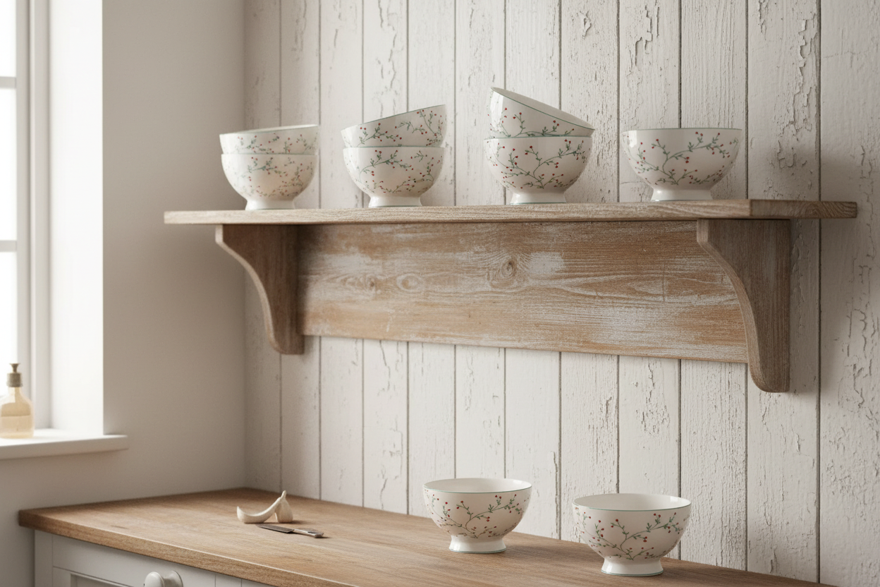 GreenGate Suppenschale Lucie Weiß mit floralem Muster auf Holzregal im skandinavischen Landhausstil