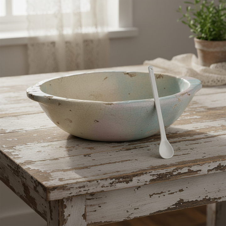 GreenGate Löffel Alice Weiß 15,5 cm als Teil der Alice Serie auf rustikalem Holztisch