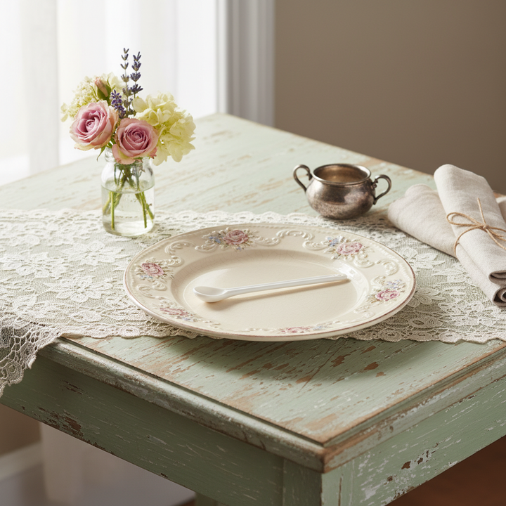 GreenGate Löffel Alice Weiß aus Porzellan auf dekorativem Teller im Landhausstil