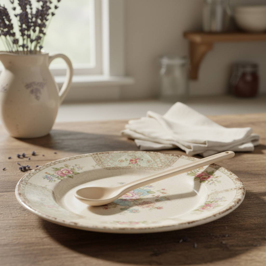 GreenGate Löffel Alice Fudge aus Porzellan auf floralem Teller im Landhausstil
