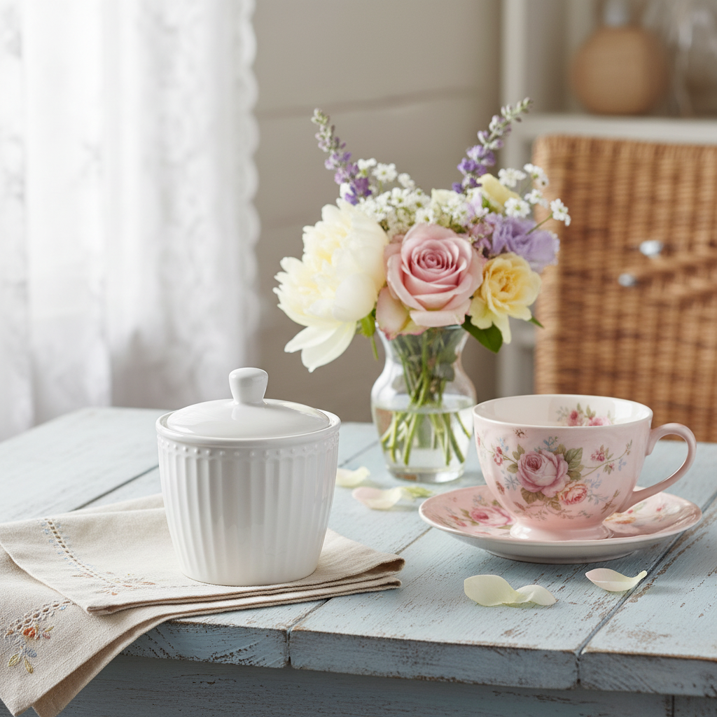 GreenGate Zuckerdose Alice Weiß aus Porzellan auf gedecktem Kaffeetisch im Landhausstil
