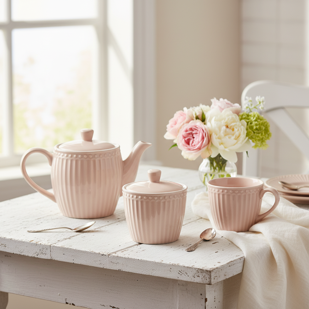 GreenGate Zuckerdose Alice Fudge aus Porzellan mit Teekanne und Tasse im skandinavischen Landhausstil