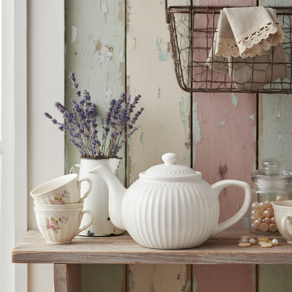 GreenGate Teekanne Alice Weiß 1 Liter mit feinem Relief auf Holzregal neben floralen Tassen und Lavendel