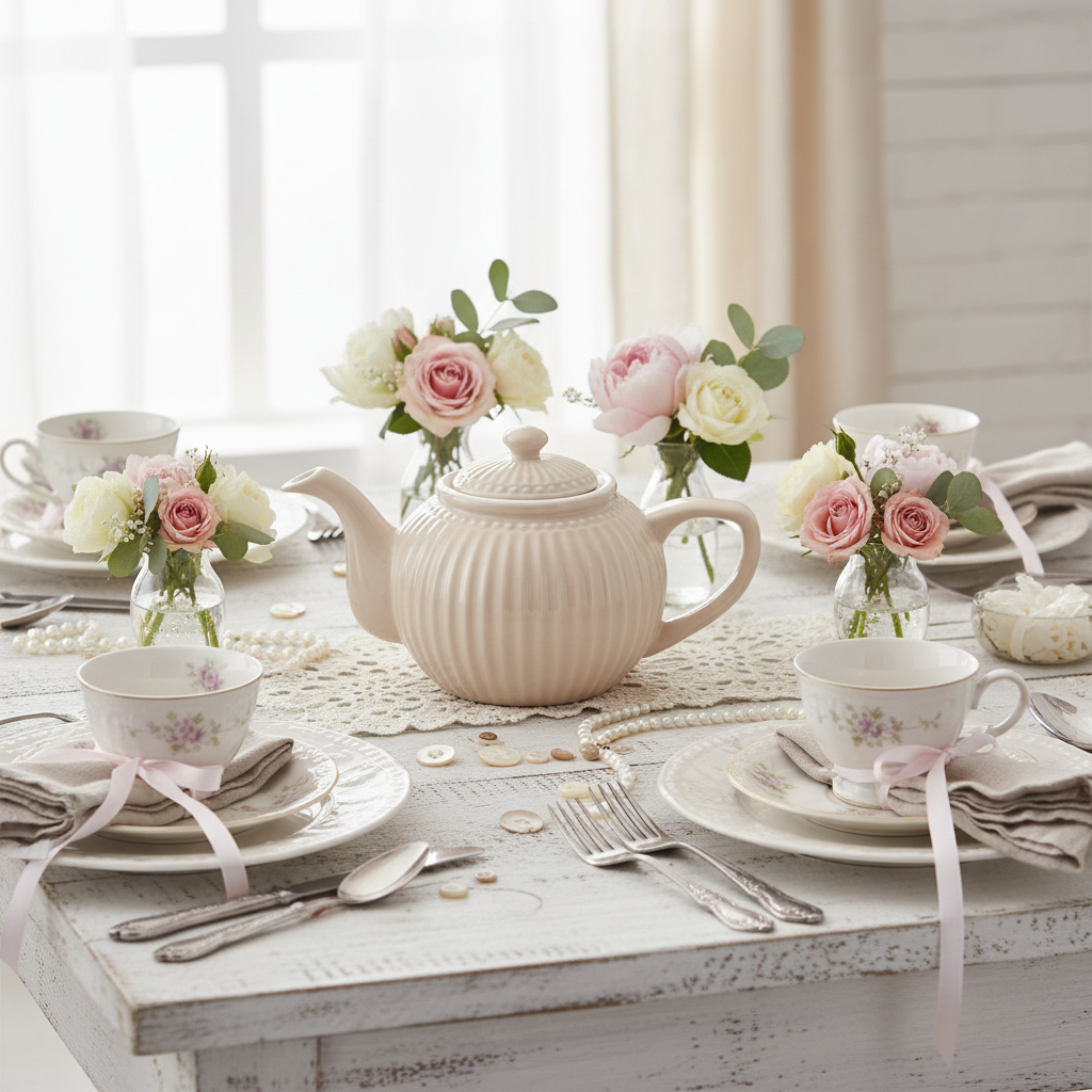 GreenGate Teekanne Alice Karamell 1 Liter auf festlich gedecktem Tisch mit Blumen und Porzellangeschirr im Vintage Stil