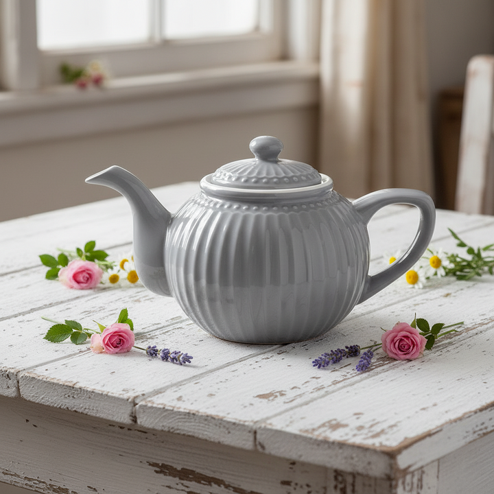 GreenGate Teekanne Alice Steingrau 1 Liter mit feinem Relief auf hellem Holztisch mit Rosen und Lavendel