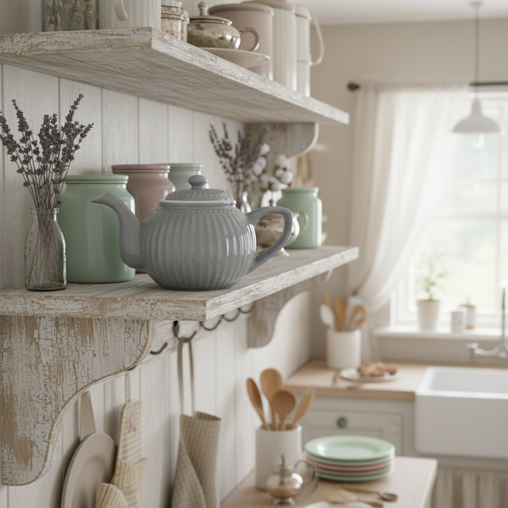 GreenGate Teekanne Alice Steingrau 1 Liter aus Porzellan auf dekoriertem Küchenregal im skandinavischen Landhausstil
