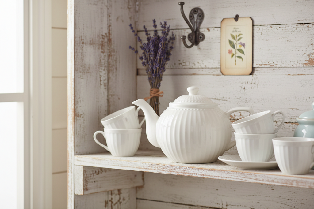 GreenGate Teekanne Alice Weiß 1,5 Liter aus Porzellan mit passenden Bechern auf dekoriertem Landhausregal