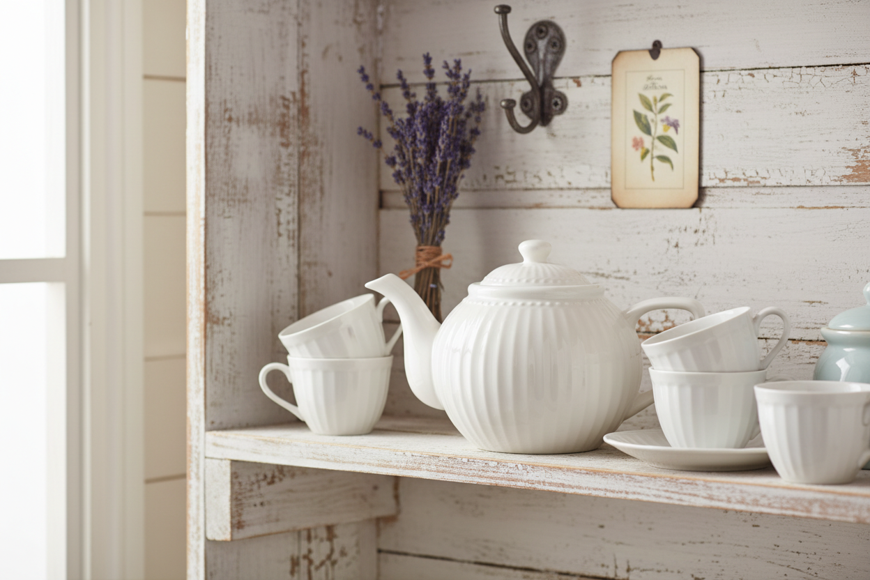 GreenGate Teekanne Alice Weiß 1,5 Liter aus Porzellan mit passenden Bechern auf dekoriertem Landhausregal