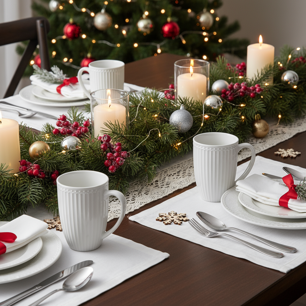 GreenGate Große Tasse Alice Weiß 0,5 l auf weihnachtlich gedecktem Tisch mit Kerzen und Tannenzweig