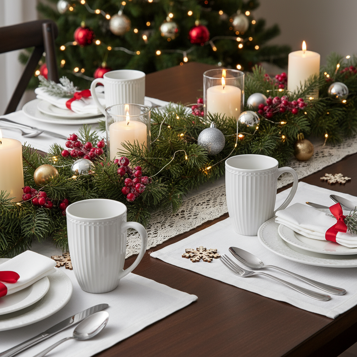 GreenGate Große Tasse Alice Weiß 0,5 l auf weihnachtlich gedecktem Tisch mit Kerzen und Tannenzweig