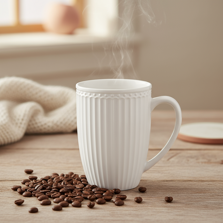 GreenGate Große Tasse Alice Weiß 0,5 l mit aufsteigendem Dampf und Kaffeebohnen