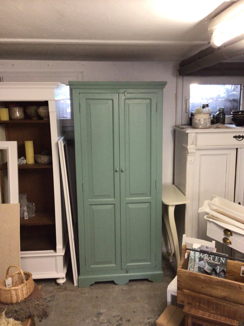 Antiker Wäscheschrank, grün, Massivholz