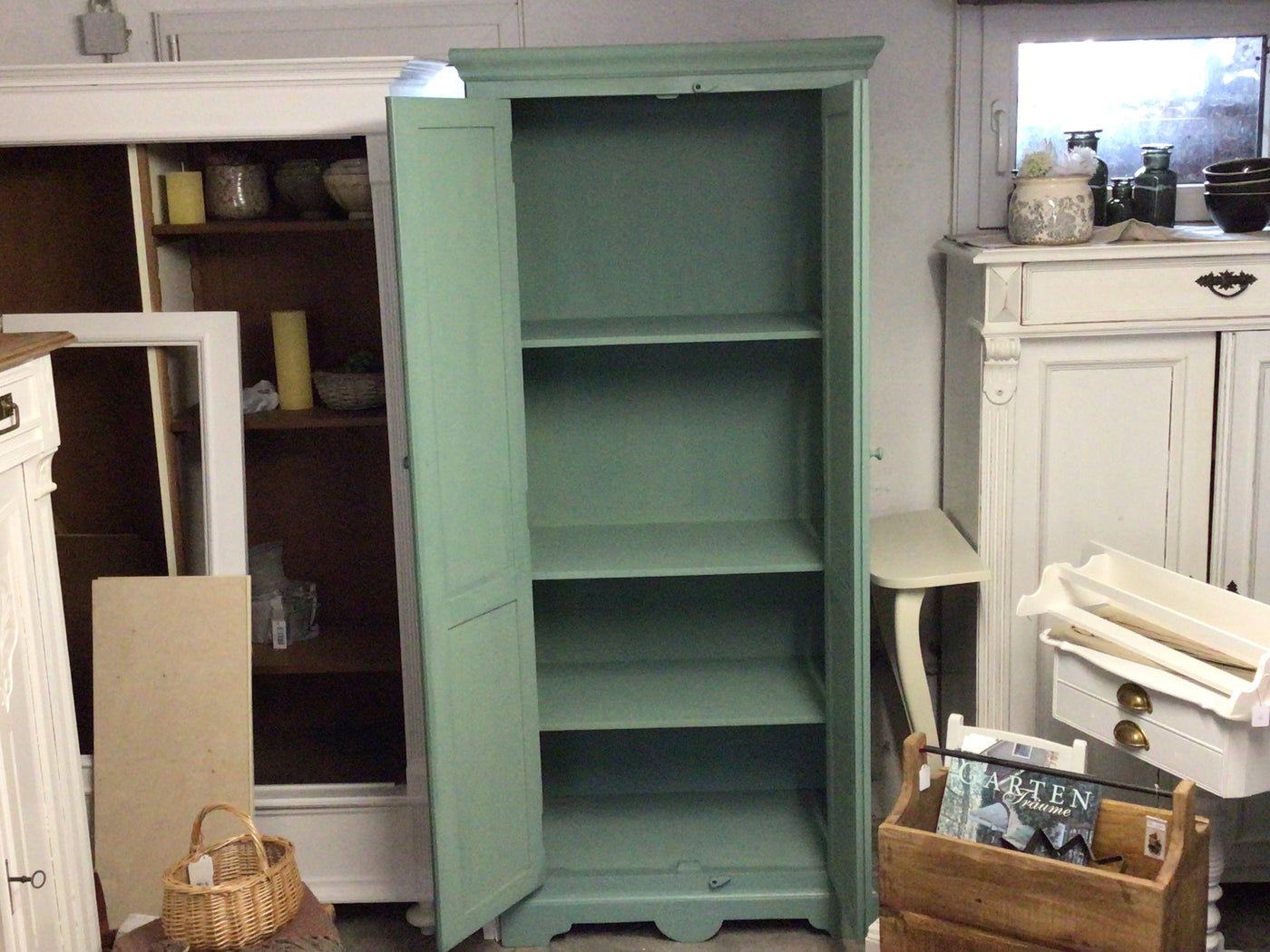 Antiker Wäscheschrank, grün, Massivholz
