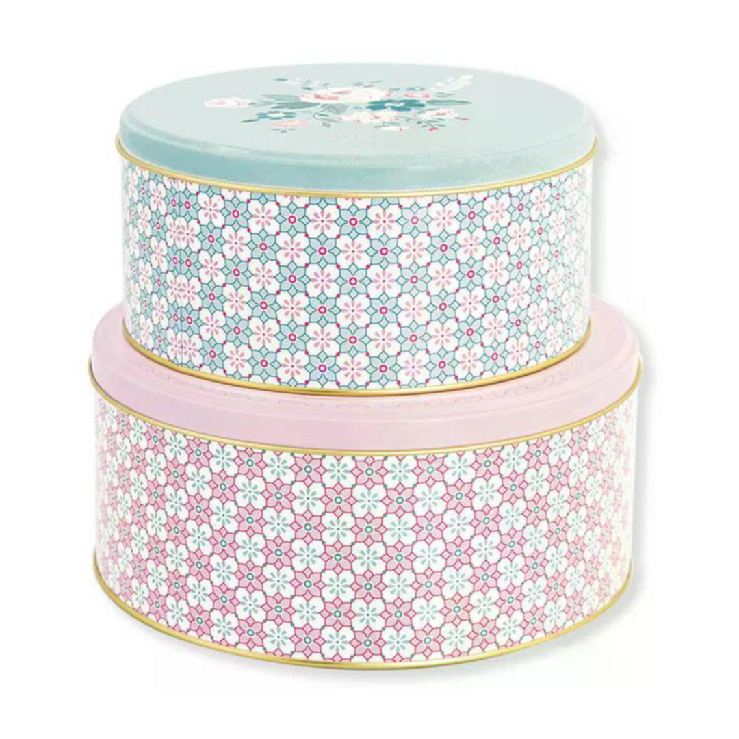 GreenGate runde Box Gwen Hellrosa Mint aus Zinn mit grafischem Muster