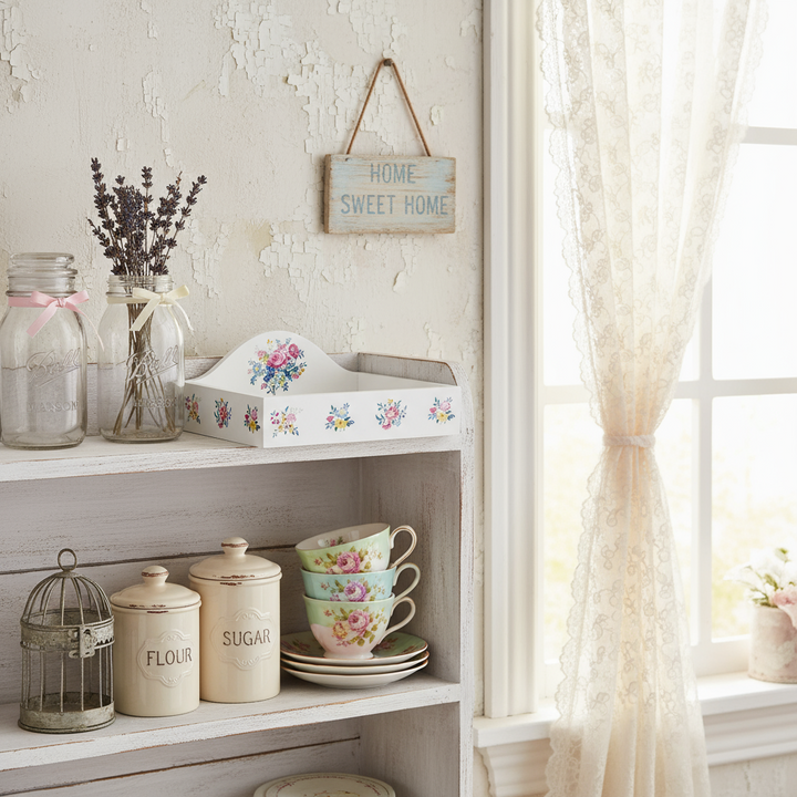 Dekoratives GreenGate Tablett Elina Weiß mit Blumenmotiv