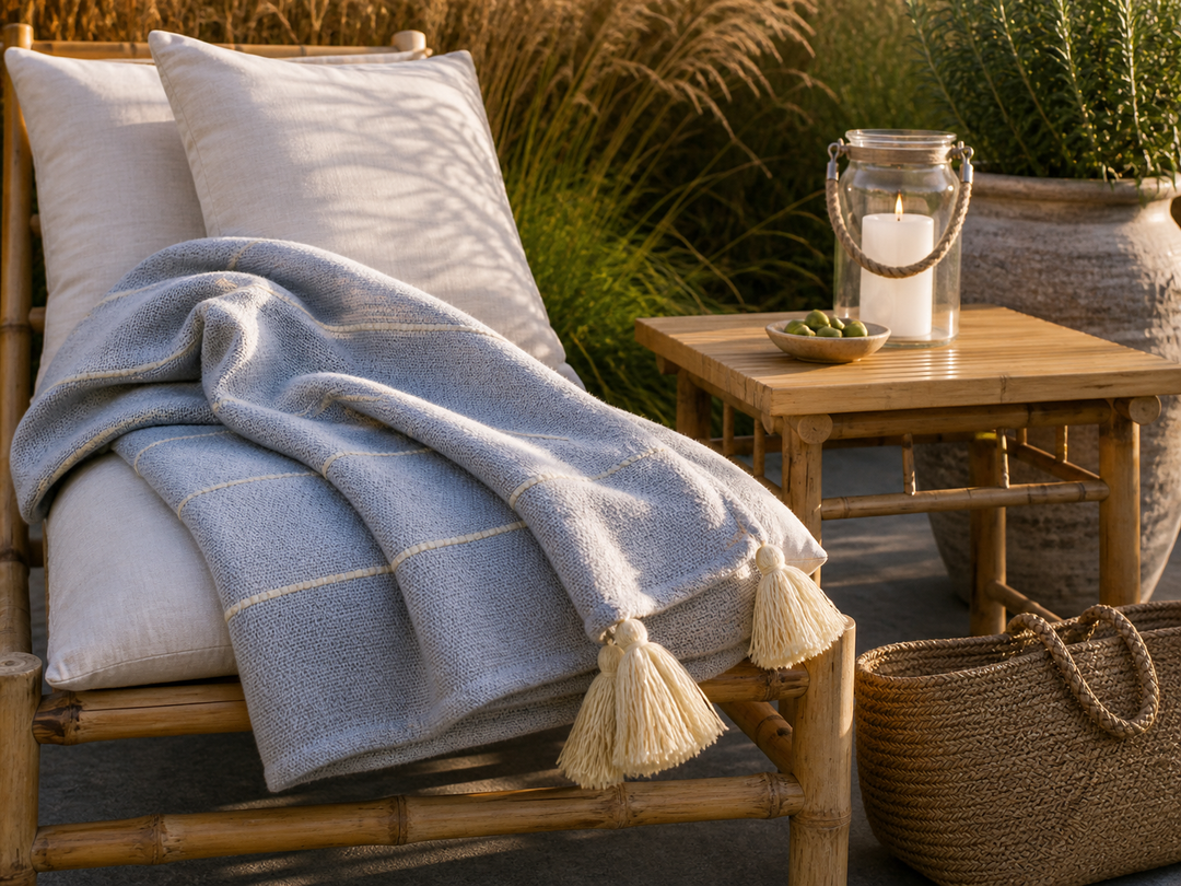 Chic Antique Aix Plaid Blau auf Bambusliege im mediterranen Landhausstil mit warmem Abendlicht und Naturdekoration