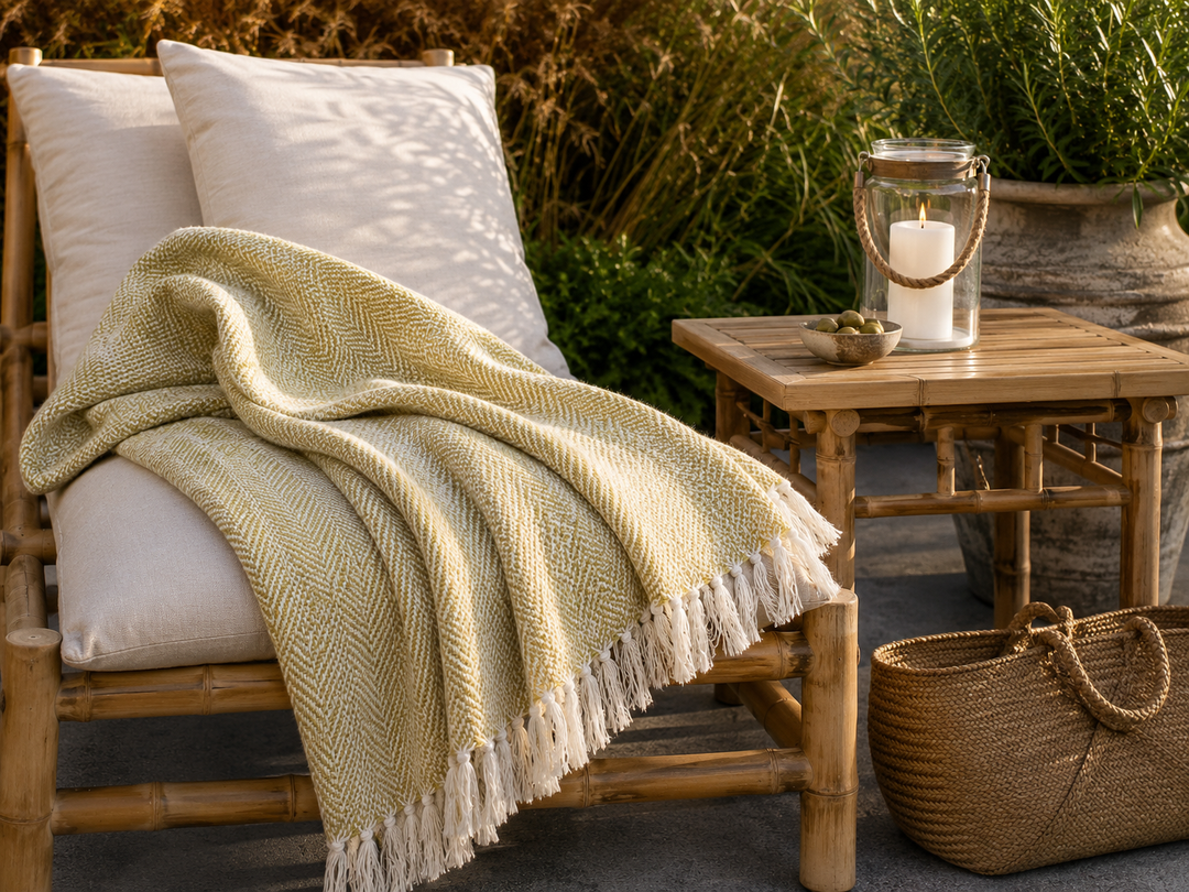 Chic Antique Aix Plaid Gold auf Bambusliege im natürlichen skandinavischen Outdoor Stil mit Korbtasche und Laterne
