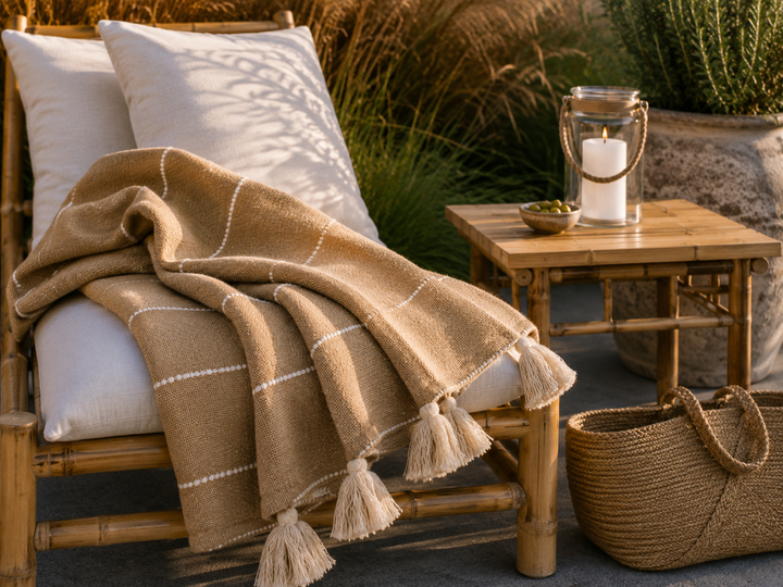 Chic Antique Aix Plaid Honig auf Bambusliege im mediterranen Landhausstil mit warmem Abendlicht und Naturdekoration