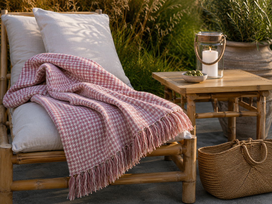Chic Antique Aix Plaid Himbeere auf heller Bambusliege im skandinavischen Outdoor Stil mit Laterne und Naturmaterialien