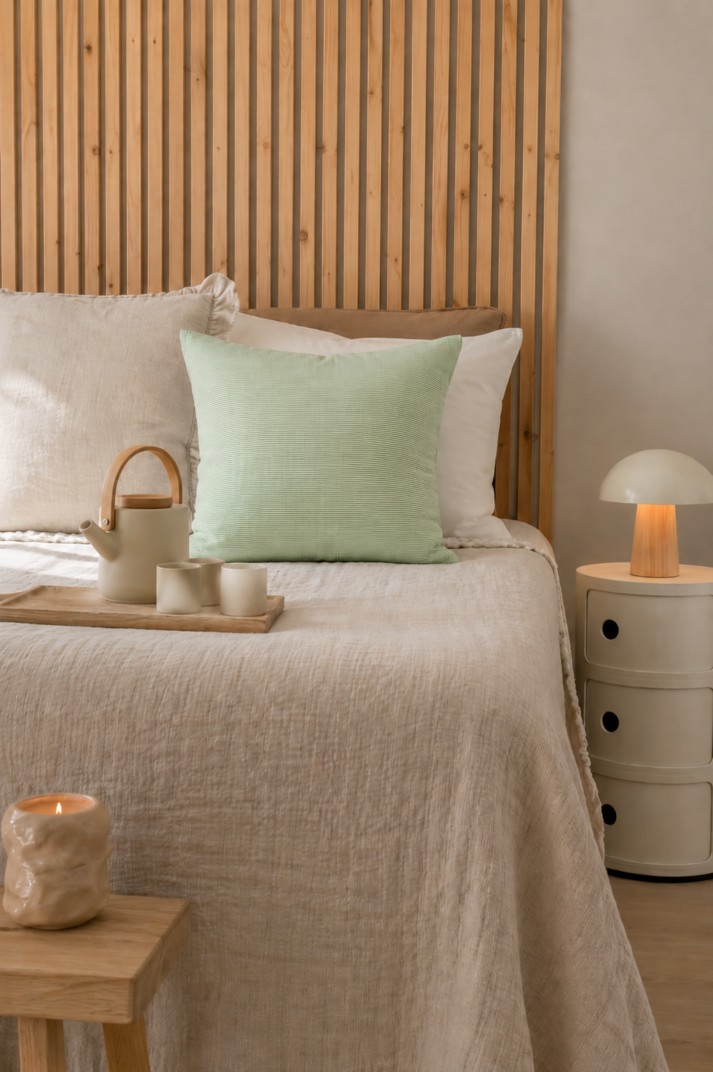 Chic Antique Aix Kissenbezug grün weiß gestreift im warmen Landhaus Schlafzimmer mit Naturmaterialien