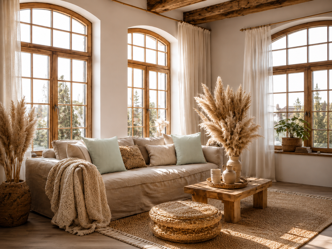 Chic Antique Aix Kissenbezug grün weiß gestreift im skandinavischen Boho Wohnzimmer mit hellem Naturlook