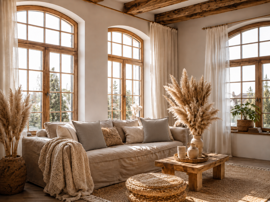 Chic Antique Aix Kissenbezug aus Leinen Eukalyptus 50x50 im hellen Wohnzimmer im Landhausstil mit warmen Naturmaterialien