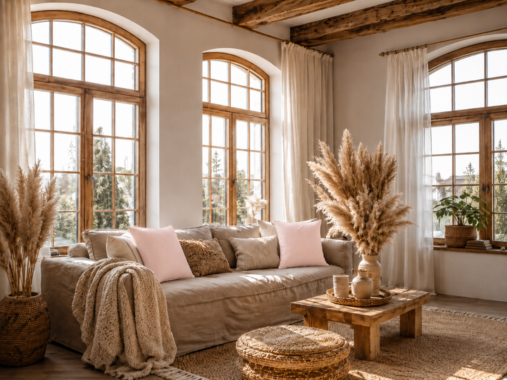 Chic Antique Aix Kissenbezug Rosa mit maritimem Streifenmuster im hellen Landhaus Wohnzimmer mit Naturtönen