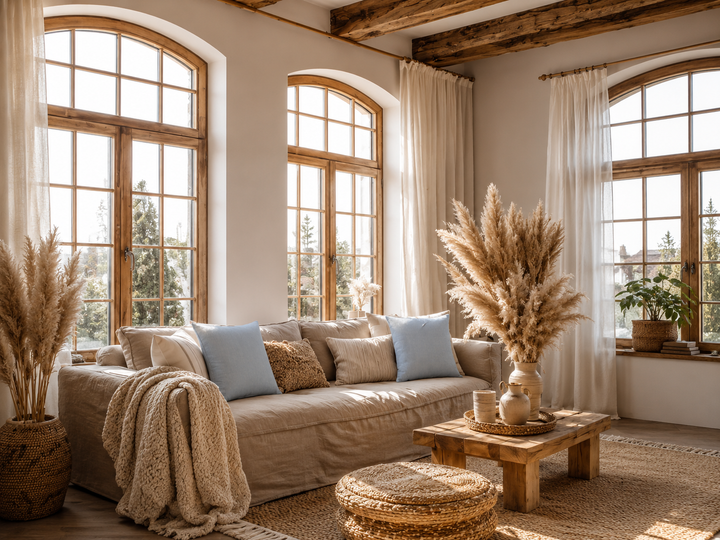 Chic Antique Aix Kissenbezug Sky Blue mit feinem Streifenmuster im hellen Landhaus Wohnzimmer mit Naturtönen