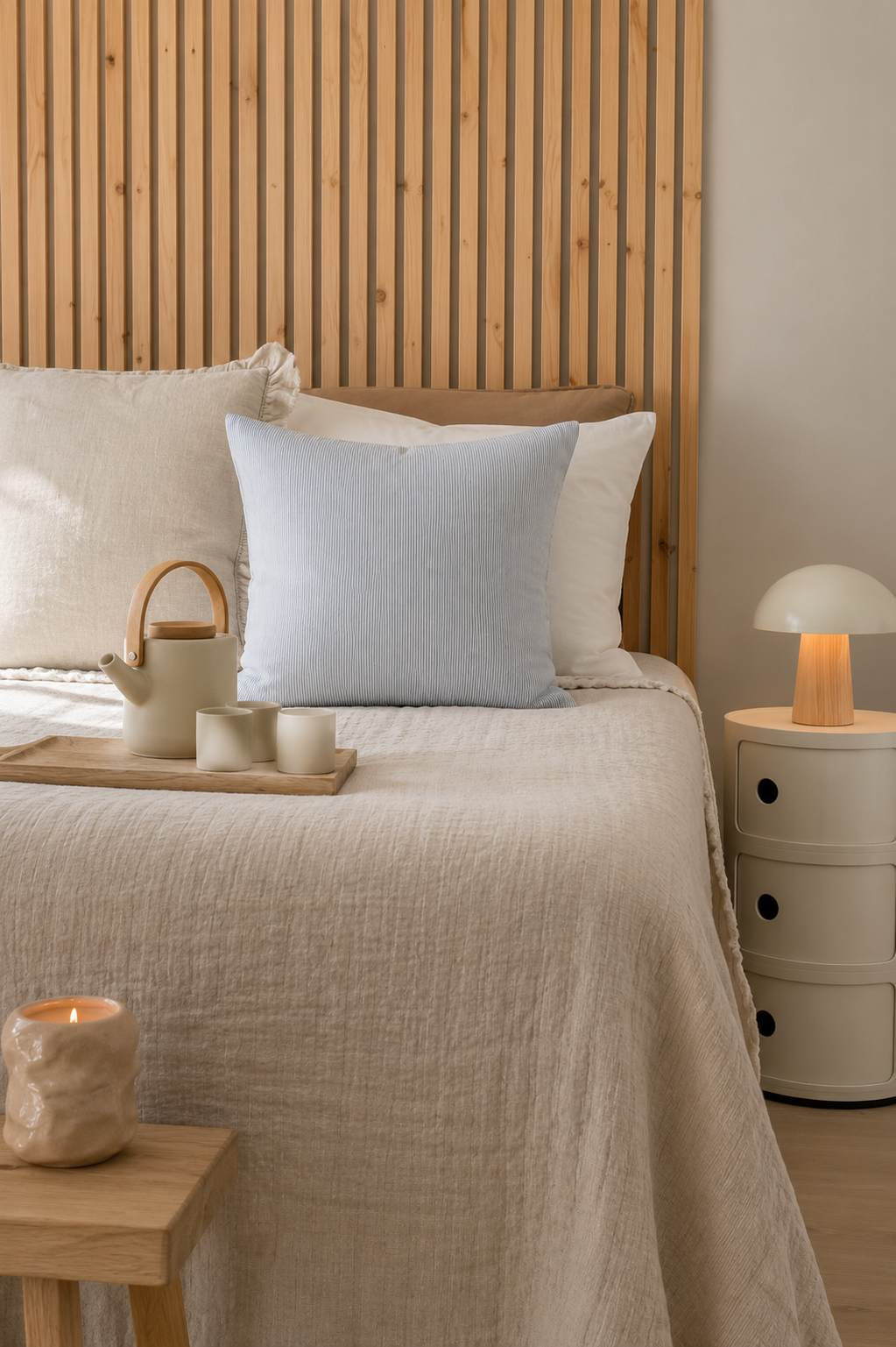 Chic Antique Aix Kissenbezug Sky Blue mit feinem Streifenmuster in hellem skandinavischem Schlafzimmer