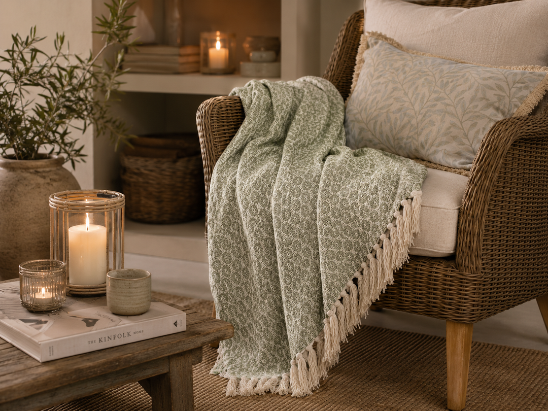 Chic Antique Aix Plaid Garnüberschuss Grün in gemütlicher Hygge Wohnszene mit warmem Licht und skandinavischer Atmosphäre