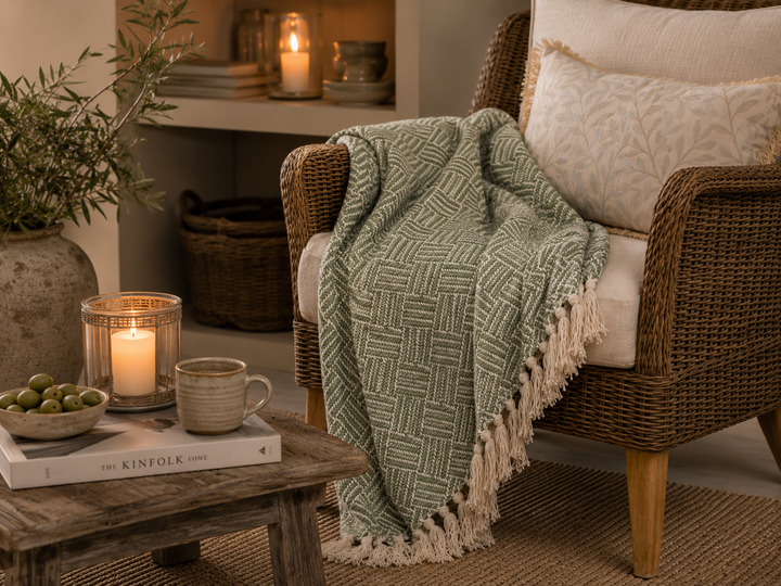Chic Antique Aix Plaid Grün Creme in gemütlicher Hygge Wohnszene mit warmem Licht und skandinavischer Atmosphäre