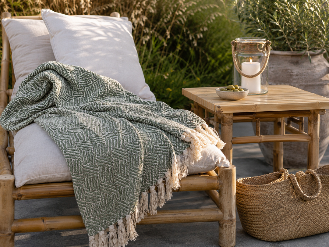 Chic Antique Aix Plaid Grün Creme auf Bambus Lounge Möbel im skandinavischen Outdoor Landhausstil