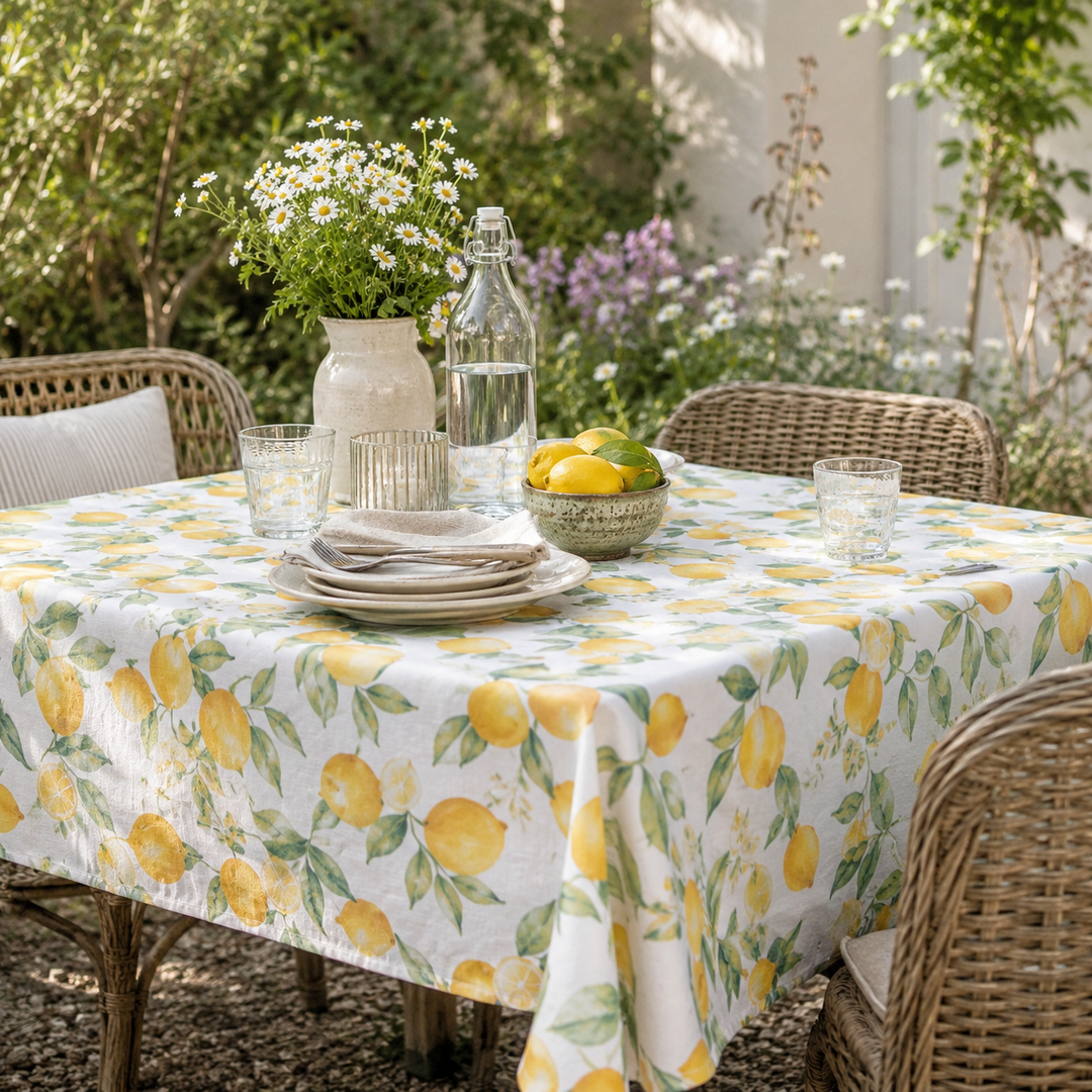 Chic Antique Aix Tischdecke mit Zitronen auf sommerlich dekoriertem Gartentisch im mediterranen Landhausstil