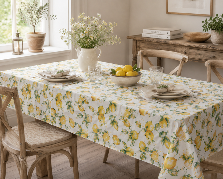 Chic Antique Aix Tischdecke mit Zitronenmuster auf hellem Esstisch im skandinavischen Landhausstil mit natürlicher Dekoration